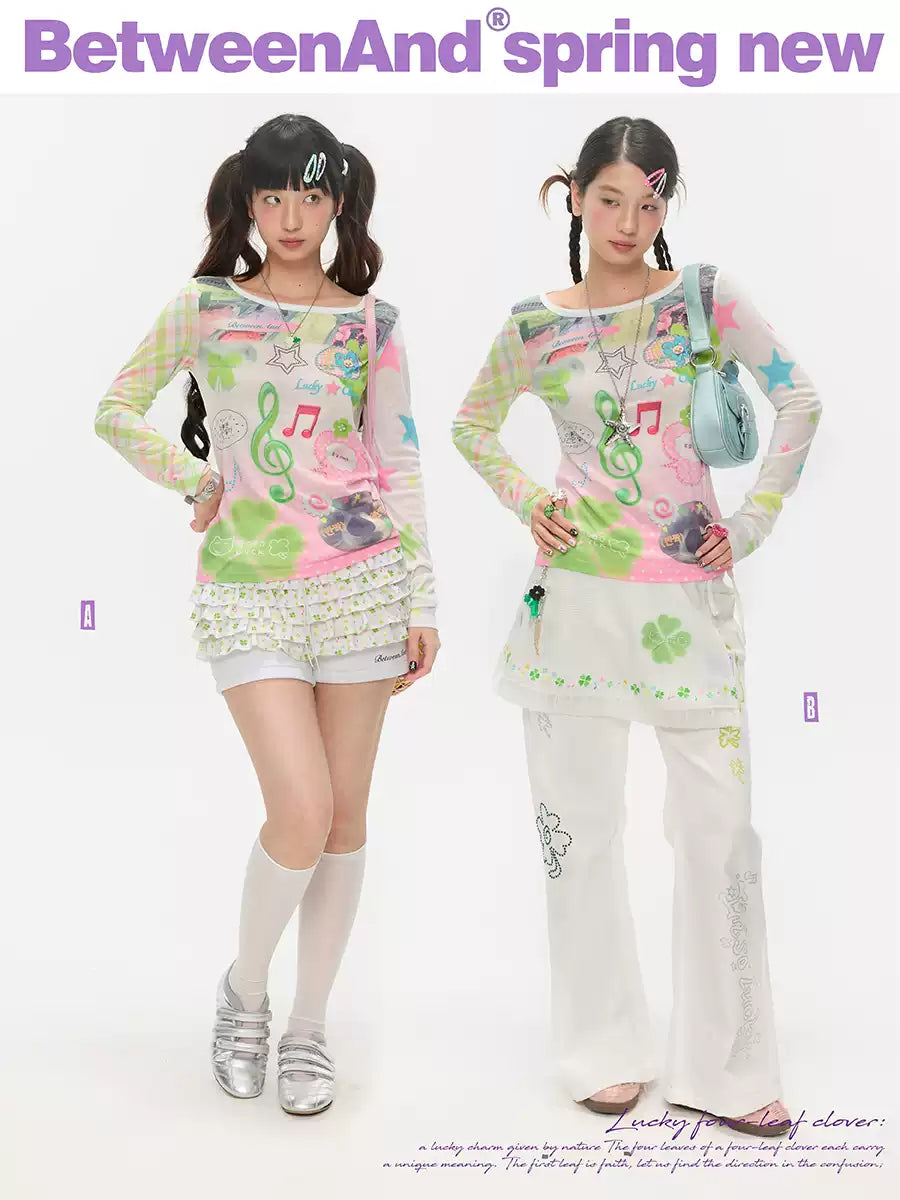 Y2K music note print long sleeve top with patchwork design