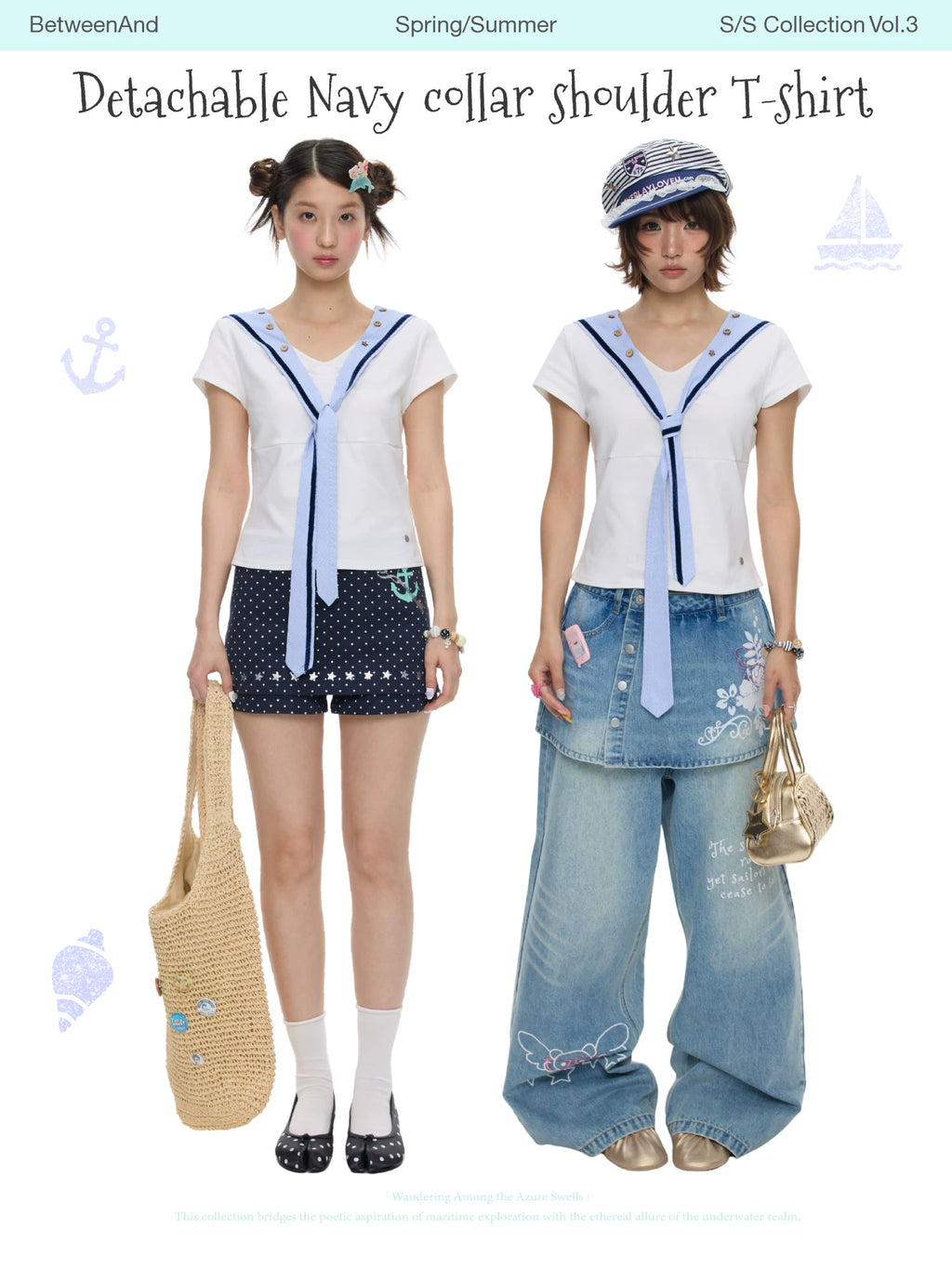 Summer white detachable navy collar button short sleeve top for women