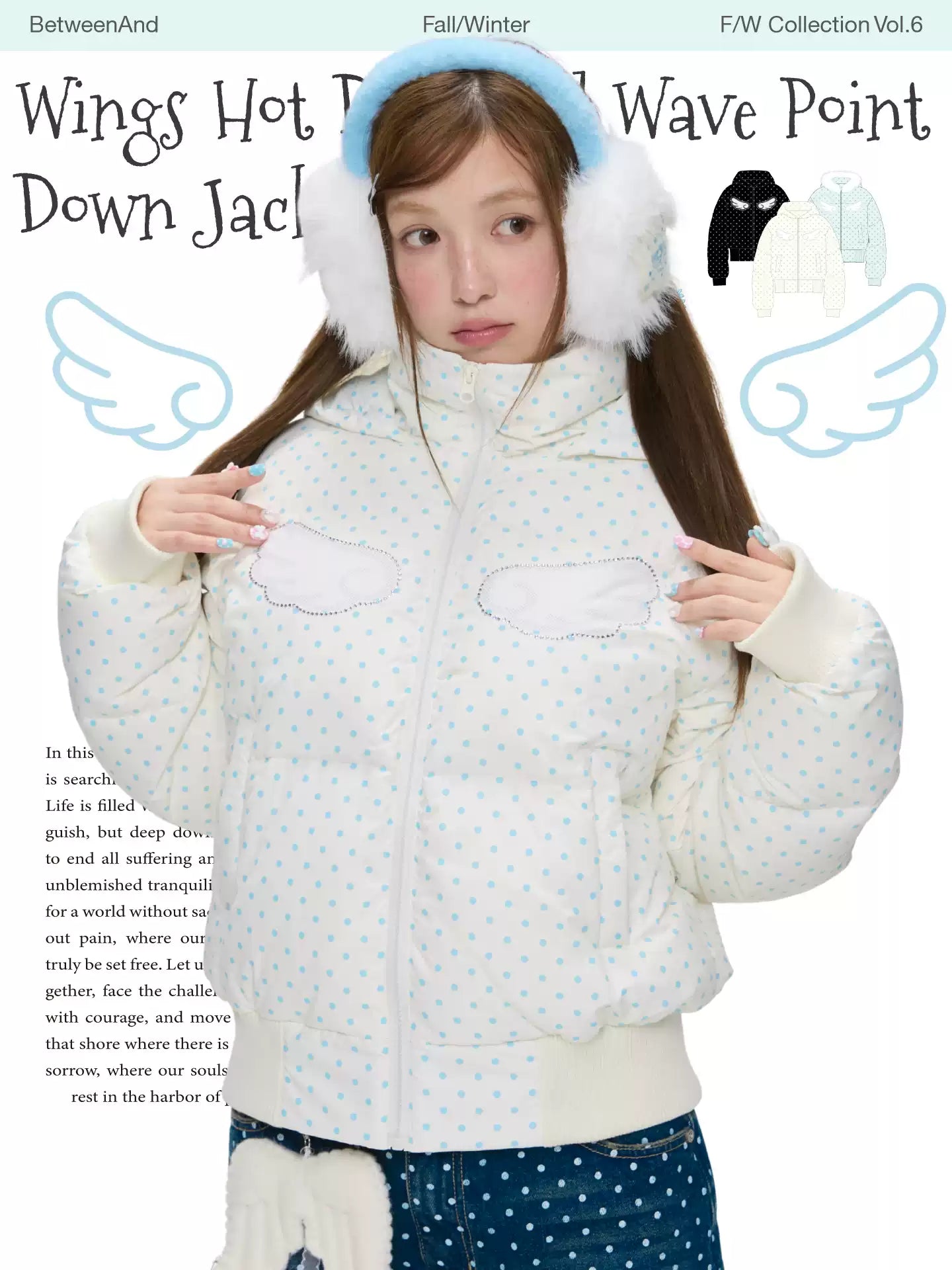 Baby blue polka dot down jacket with hood and warm duck filling with wings print