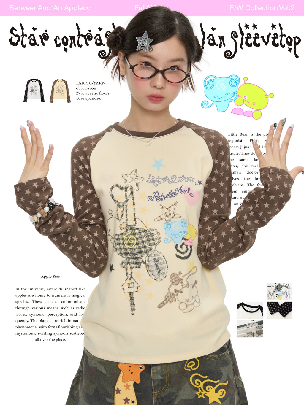 Star contrast color raglan long sleeve top