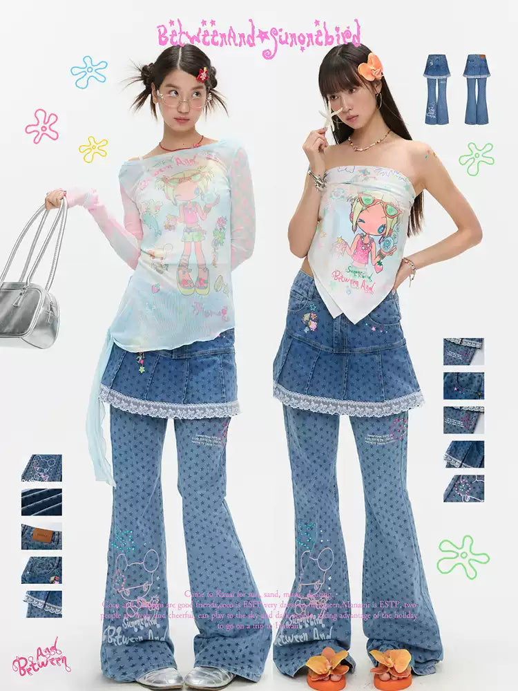 Denim star rhinestone flared skort skirt with glitter two piece design