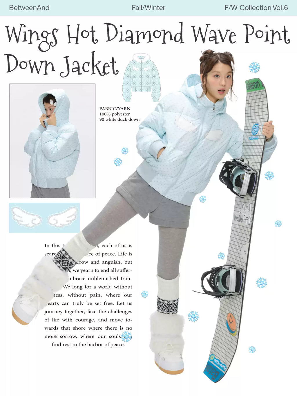 Baby blue polka dot down jacket with hood and warm duck filling with wings print