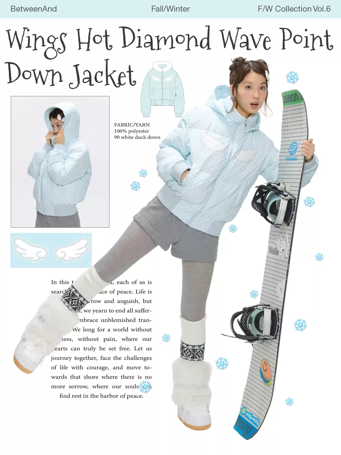 Baby blue polka dot down jacket with hood and warm duck filling with wings print