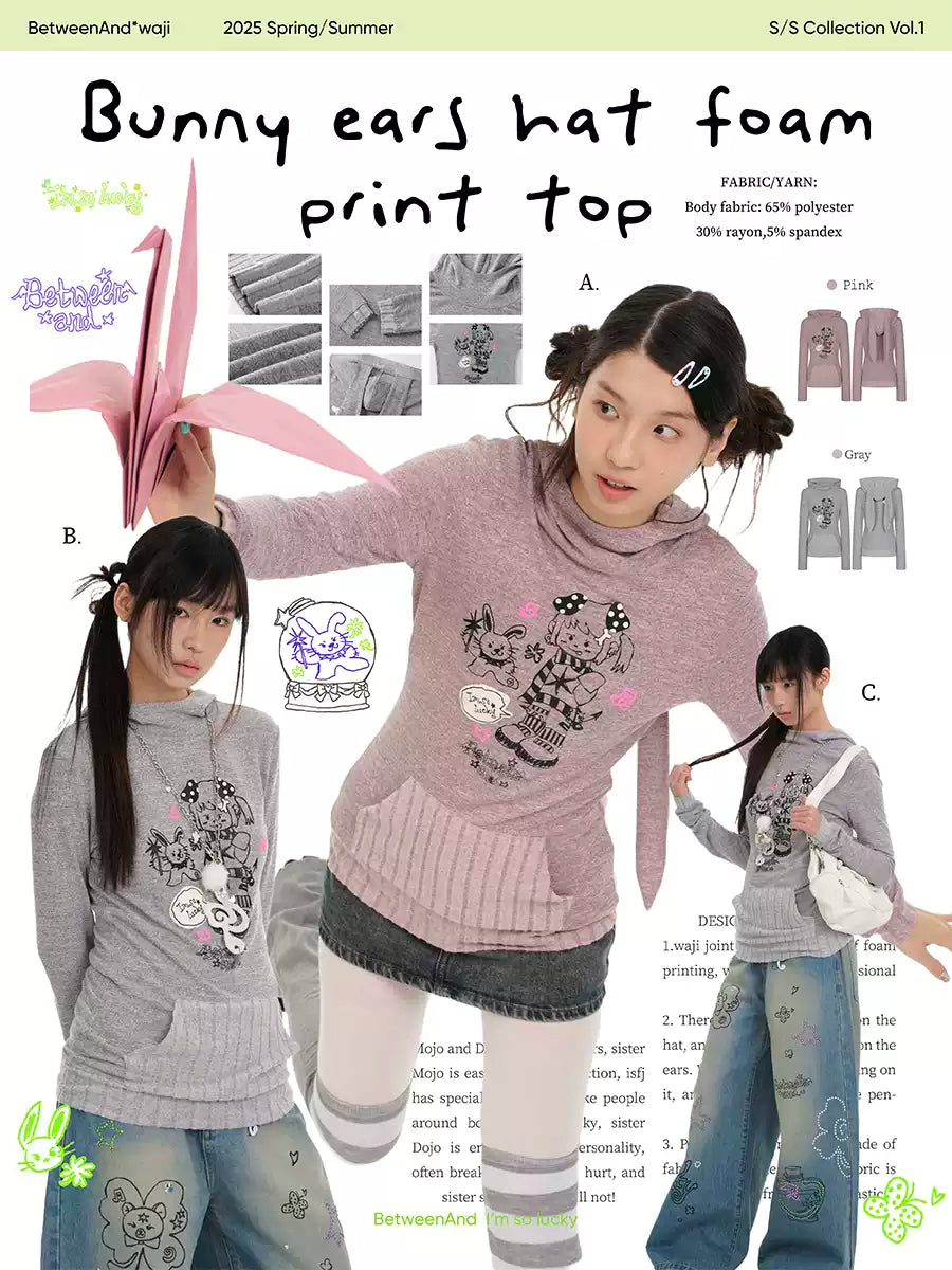 Bunny ears hat foam print long sleeve top