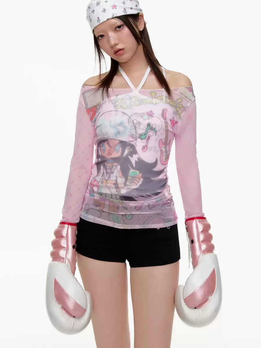 Y2K 디자인의 핑크색 메시 패치워크 오프숄더 탑