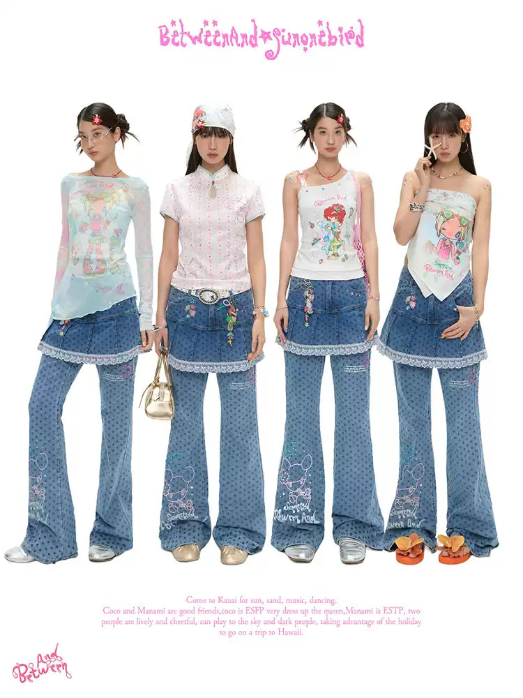 Denim star rhinestone flared skort skirt with glitter two piece design