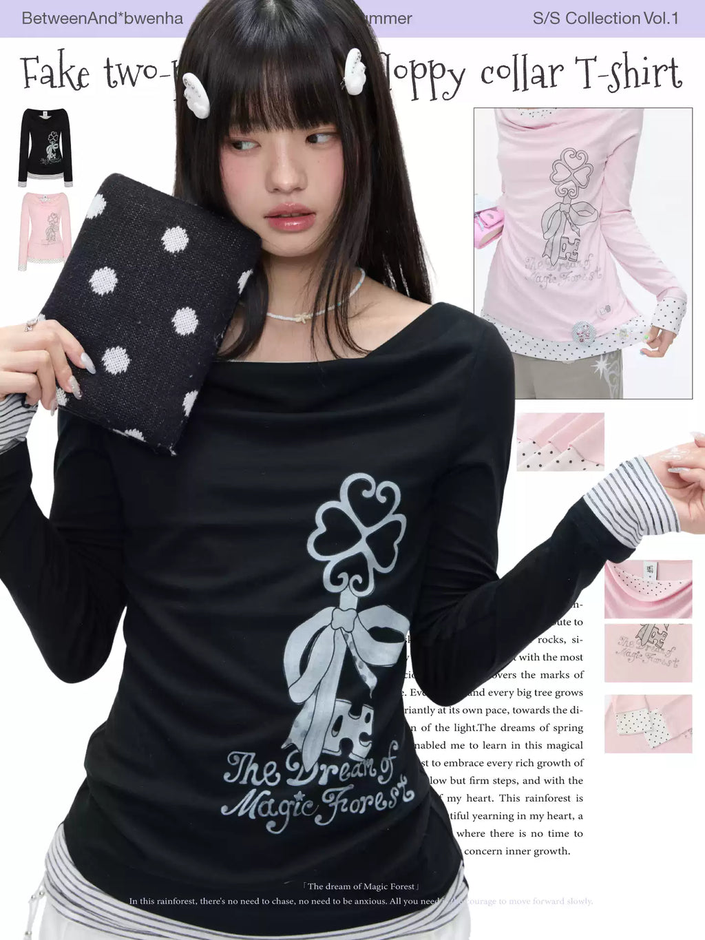 Fake two-piece spliced floppy collar long sleeve top