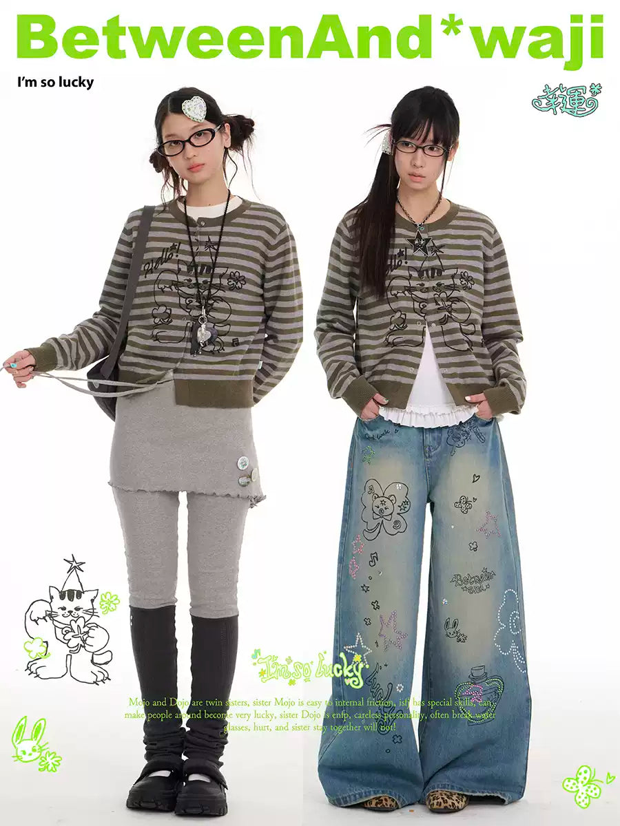 Waji graffiti striped sweater cardigan