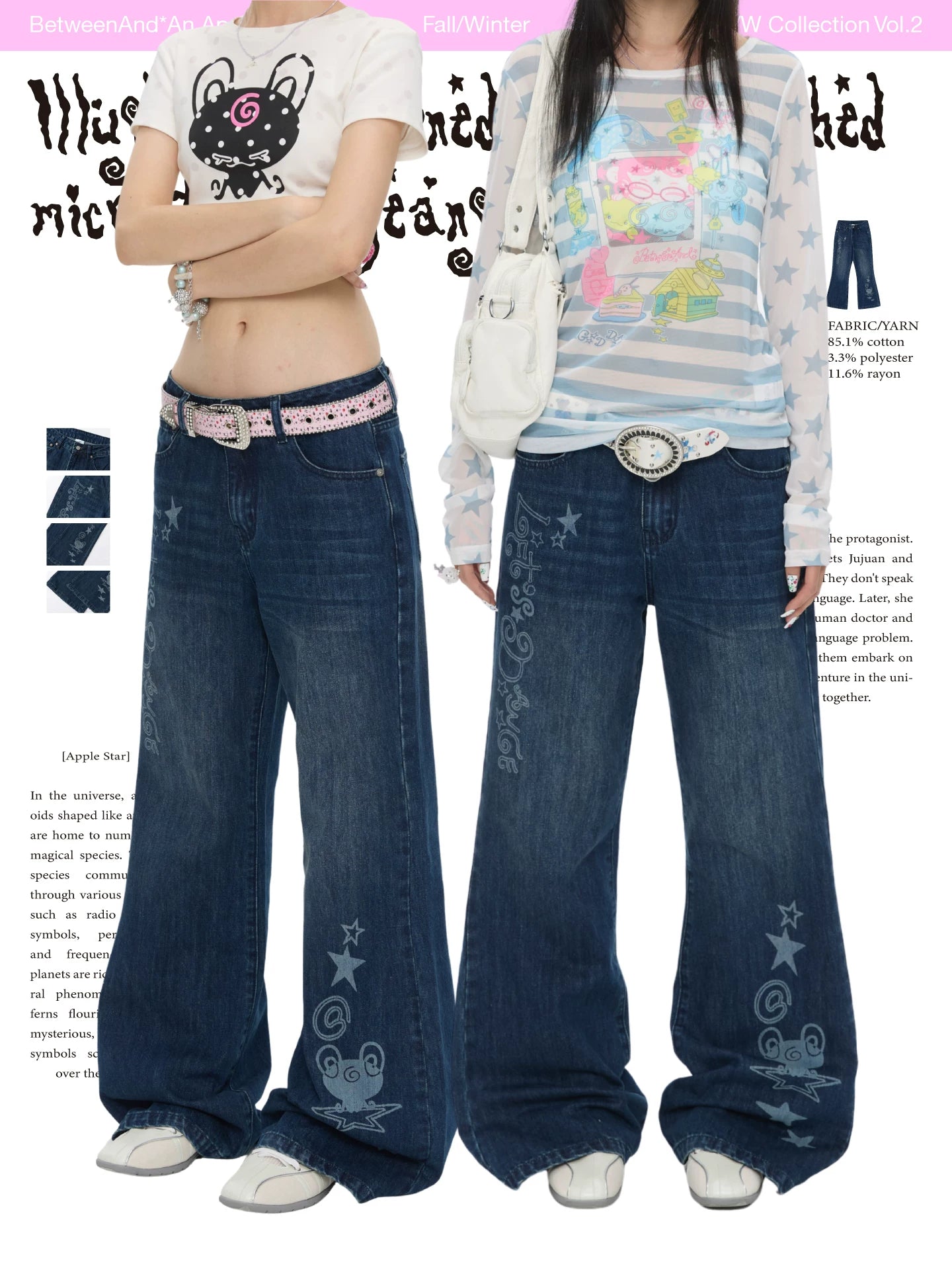 Illustration burned flower washed micro flared jeans