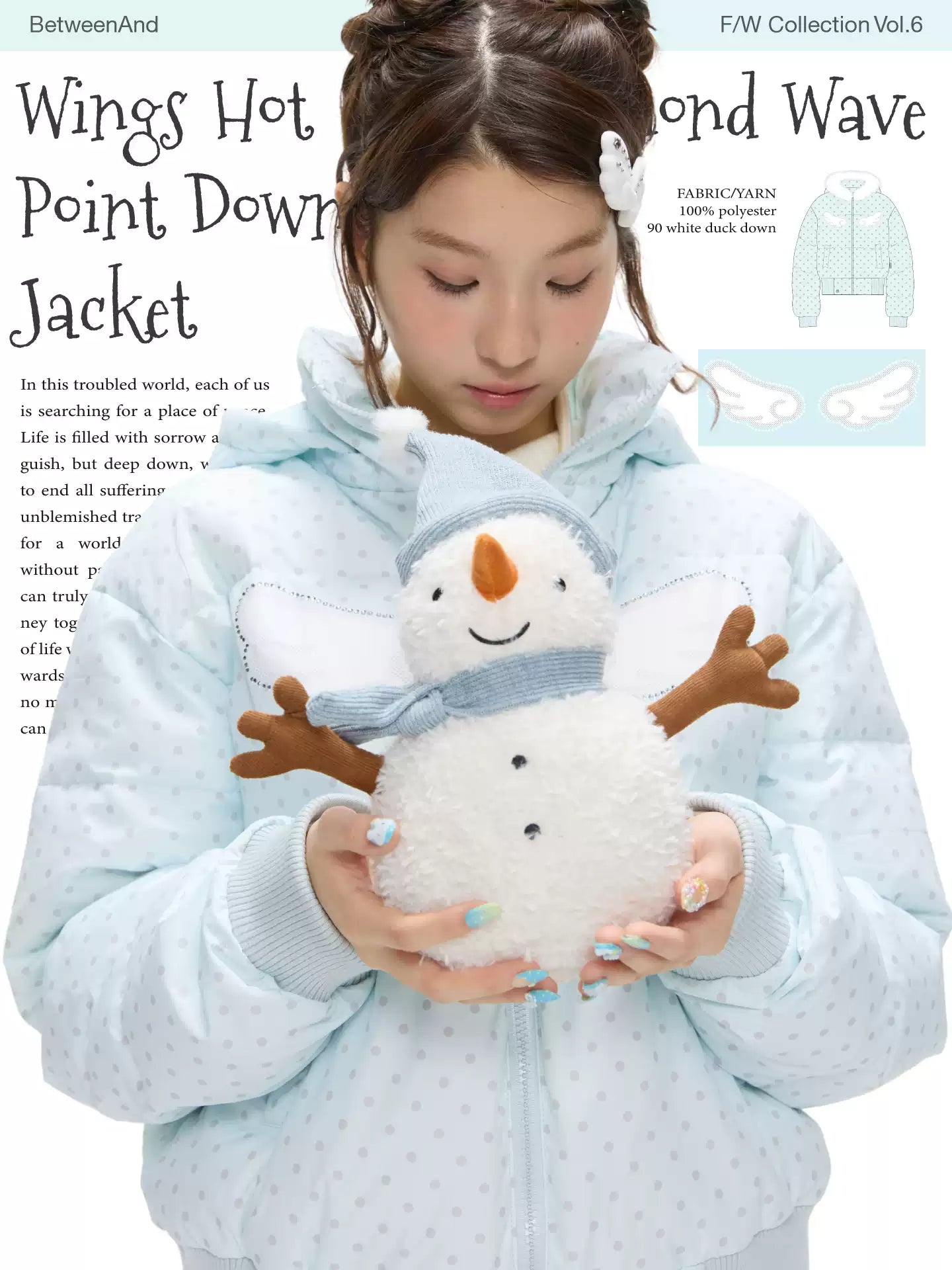Baby blue polka dot down jacket with hood and warm duck filling with wings print