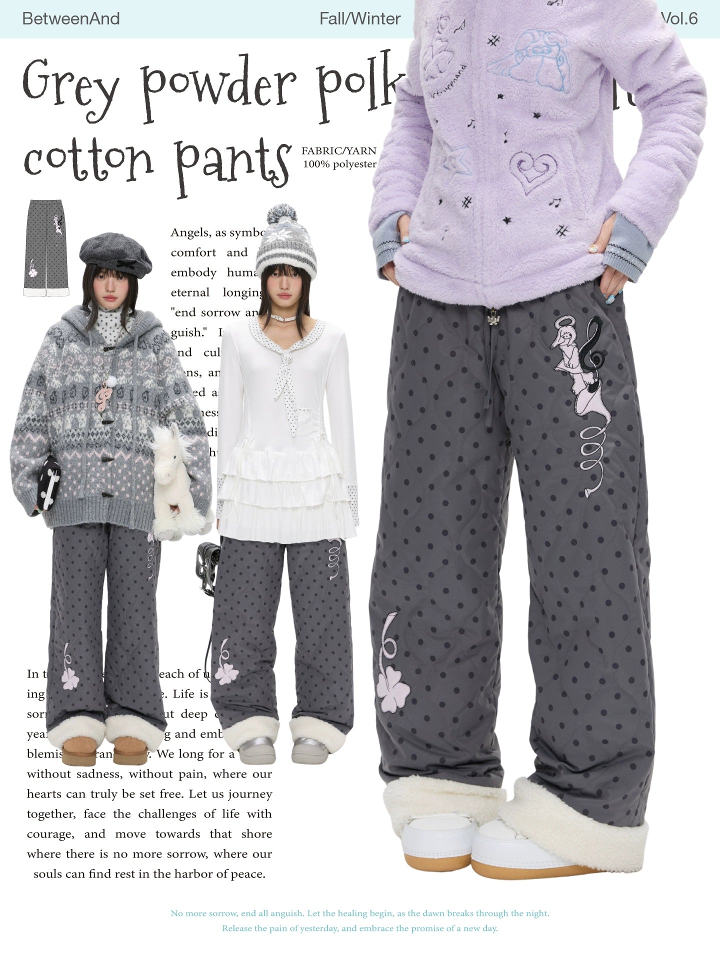 Grey pink quilted winter pants with fleece lining