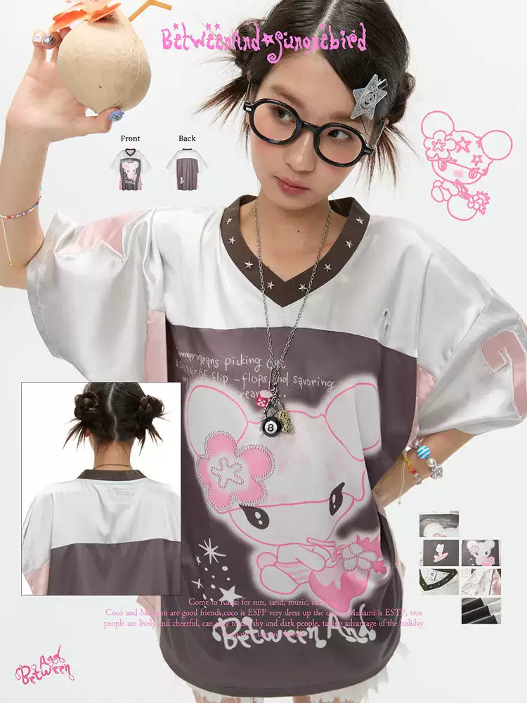 Silver oversized breathable t-shirt with patchwork jersey design