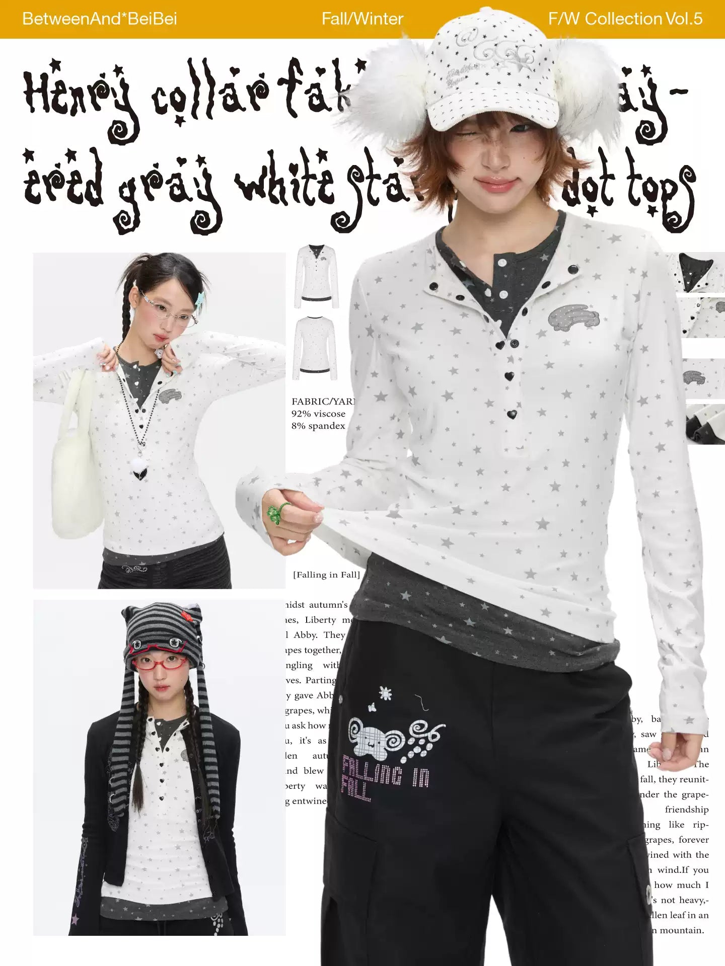 Layered Henley top with grey & white star polka-dot design