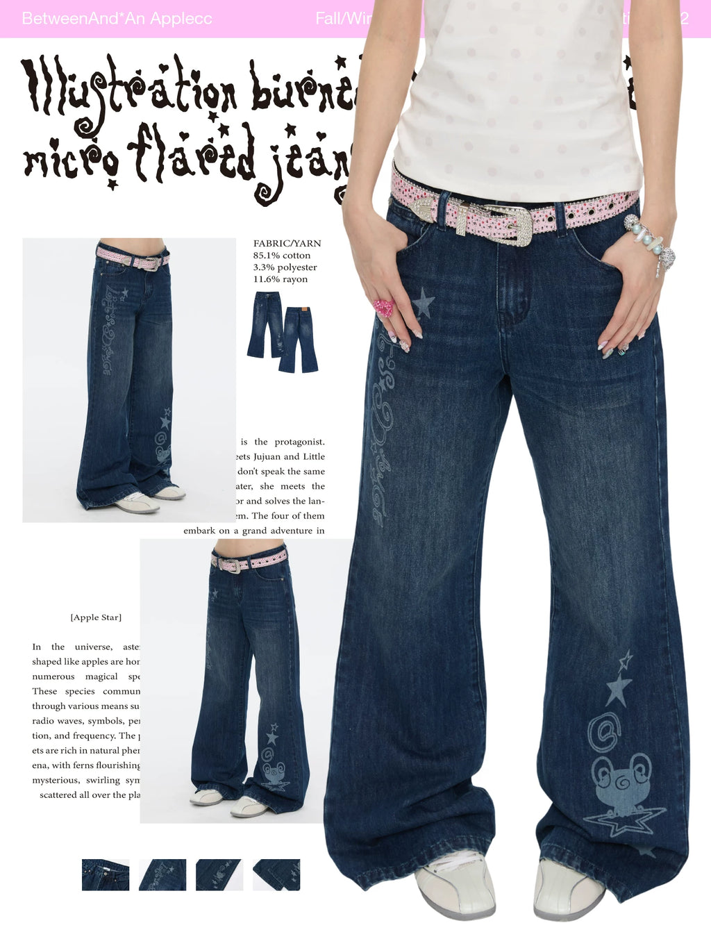 Illustration burned flower washed micro flared jeans