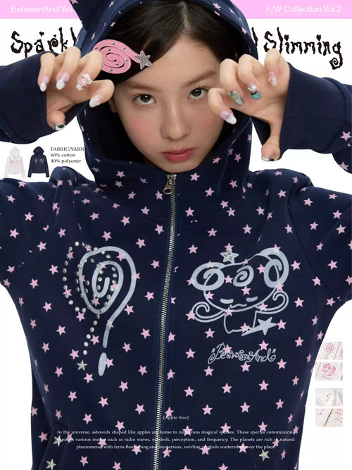 더블 지퍼와 플리스 안감이 있는 블랙 글리터 데빌 후드티