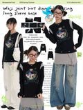 Black dolphin “lucky bottle” rhinestone patchwork long-sleeve tee