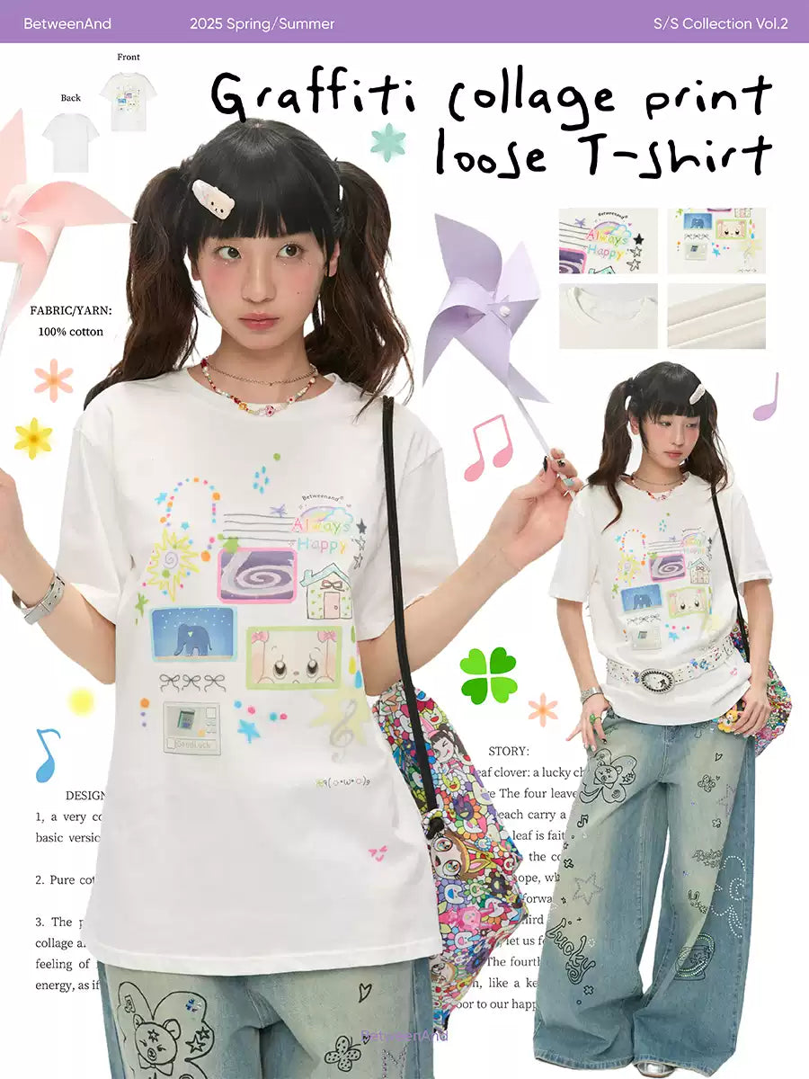 Graffiti collage print loose t-shirt