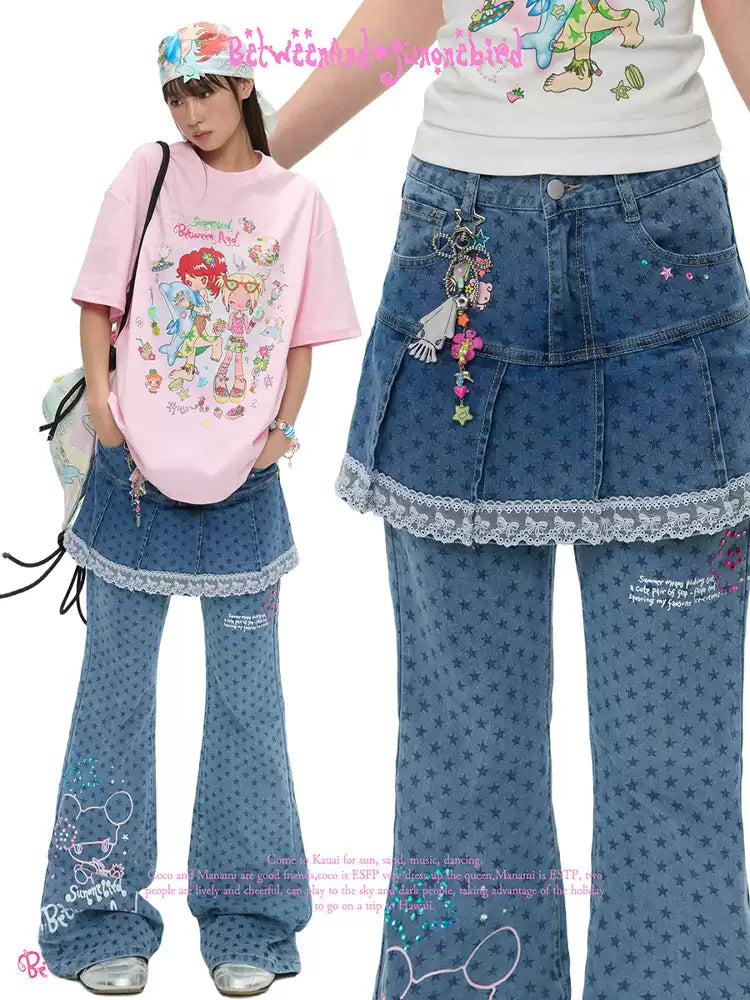 Denim star rhinestone flared skort skirt with glitter two piece design