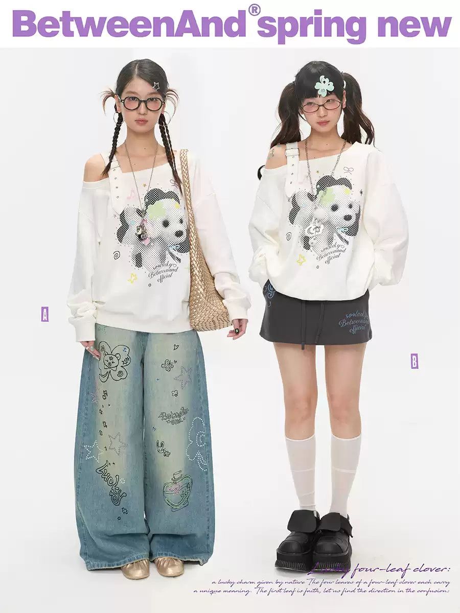 調節可能なストラップデザインのホワイトクローバードッグオフショルダースウェットシャツ