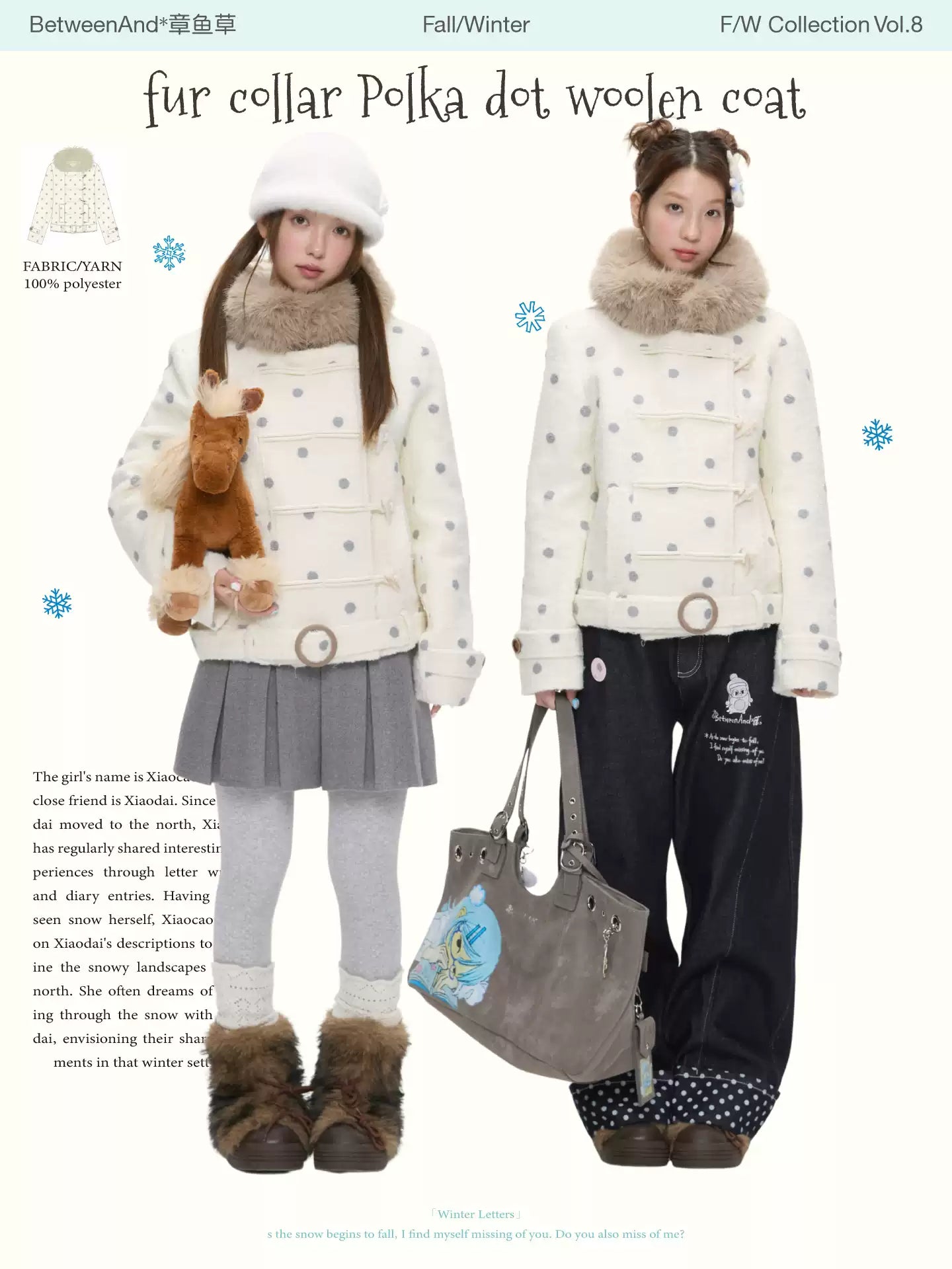 Fur collar Polka dot woolen coat