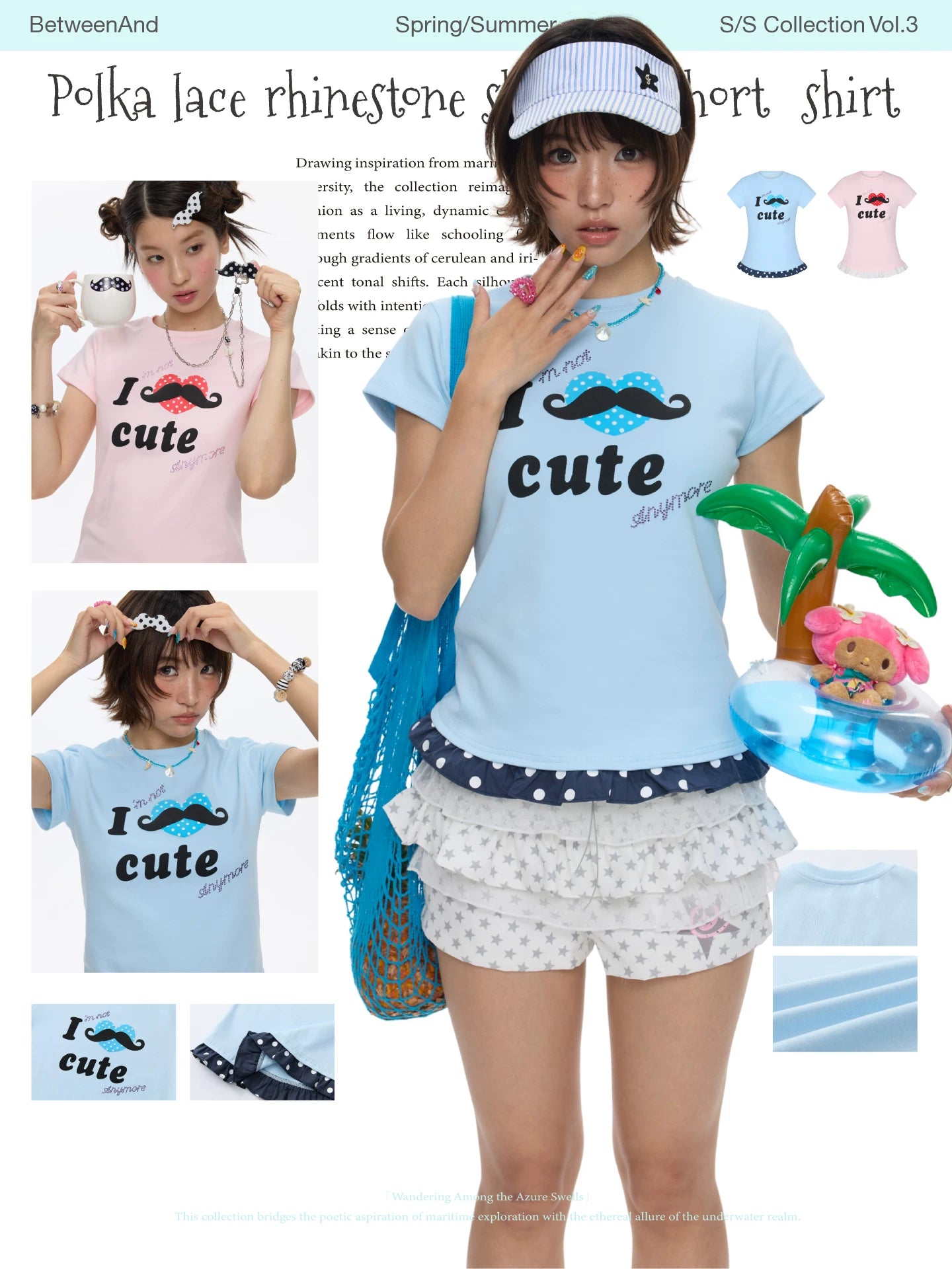 Polka lace rhinestone shoulder short top "I love cute"