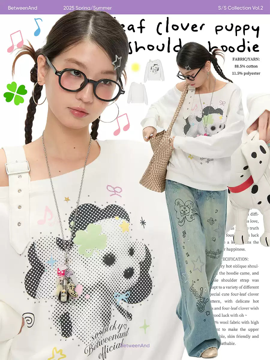 調節可能なストラップデザインのホワイトクローバードッグオフショルダースウェットシャツ