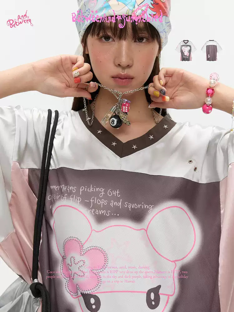 Silver oversized breathable t-shirt with patchwork jersey design